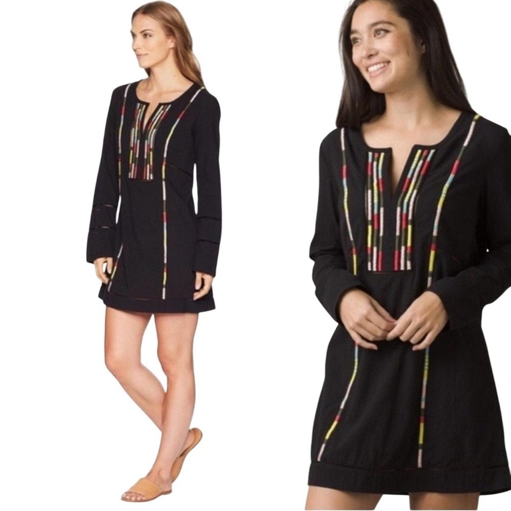 Prana | Women’s black long sleeve mini dress tunic cover up embroidered detail S